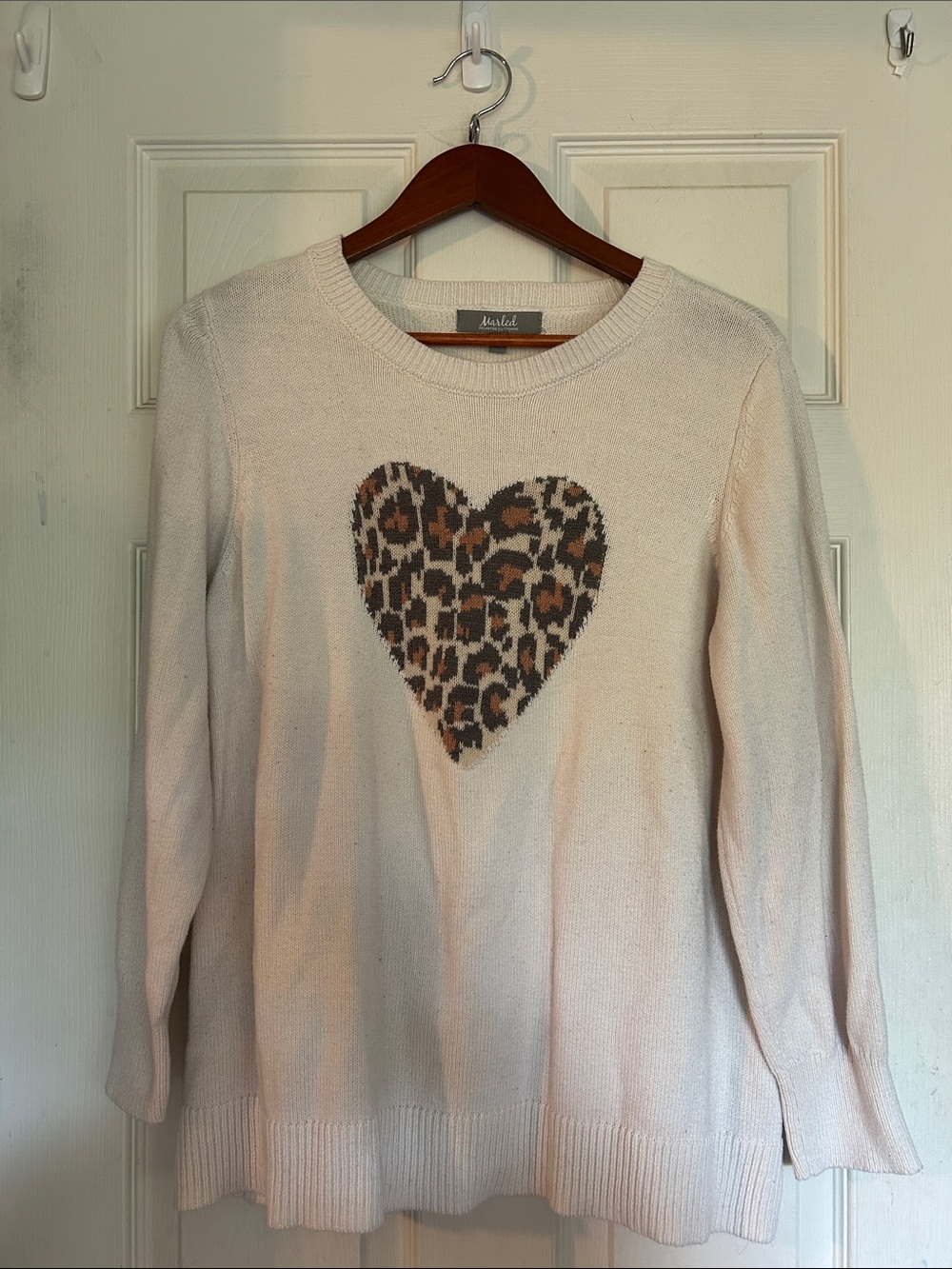 Marled Cream Sweater with Leopard Heart
